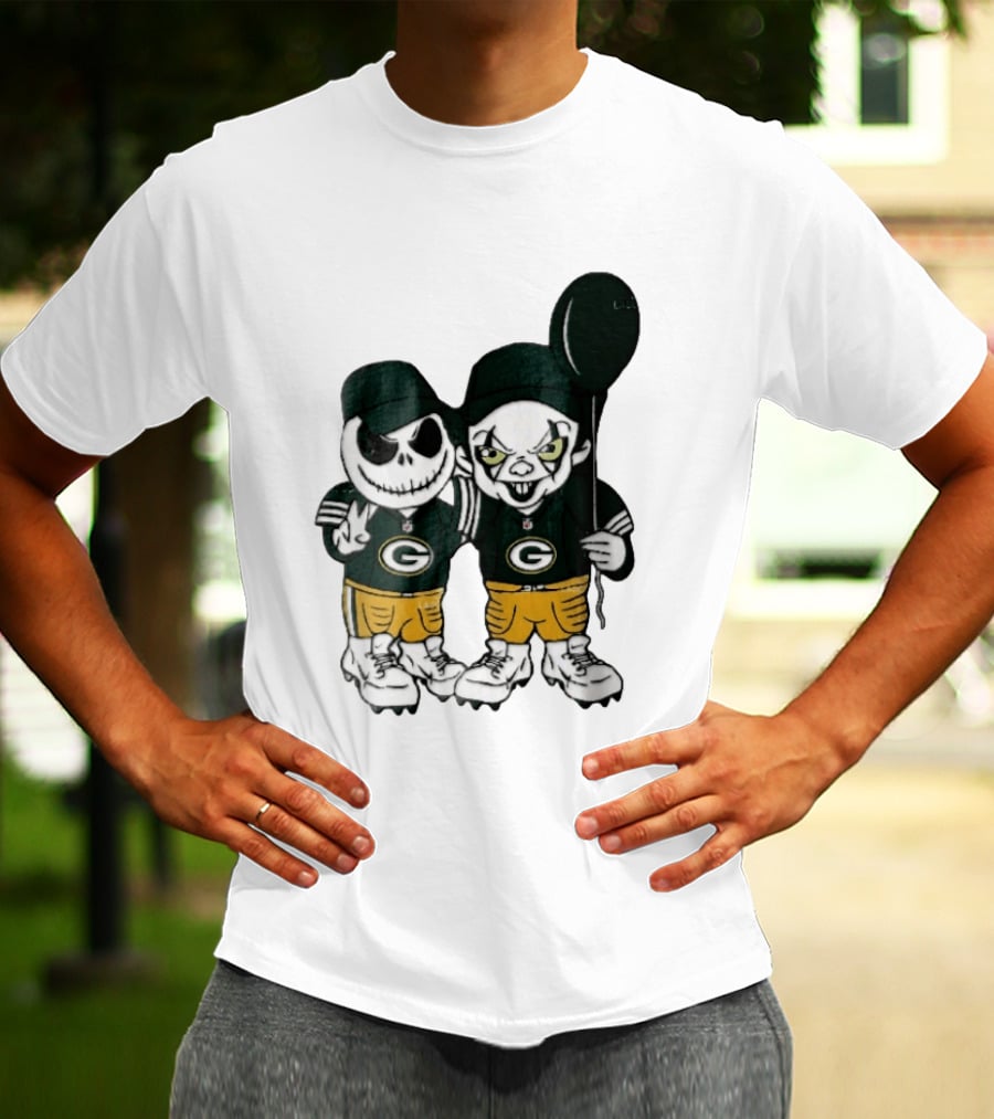 Green Bay Packers Jack Skellington Clown Balloon Cartoon Caricature Duo T-Shirt
