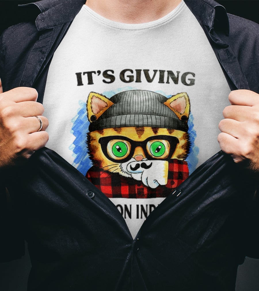 Hipster Cat Glasses Beanie Flannel It's Giving Recession Indicator T-Shirt