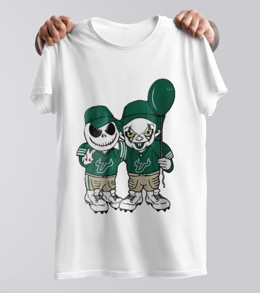 South Florida Bulls Skeleton And Evil Clown With Balloon NCAA Cartoon T-Shirt