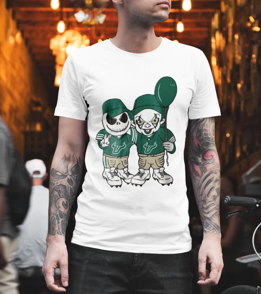 South Florida Bulls Skeleton And Evil Clown With Balloon NCAA Cartoon T-Shirt