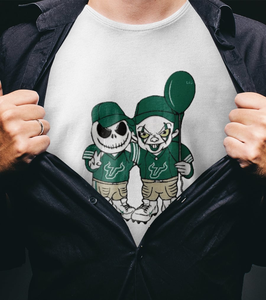 South Florida Bulls Skeleton And Evil Clown With Balloon NCAA Cartoon T-Shirt