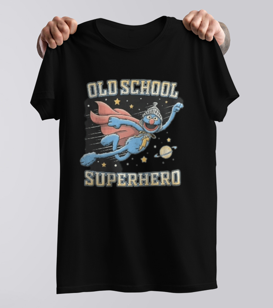 Old School Superhero Distressed Cartoon Super Grover Flying Outer Space Stars Planet T-Shirt