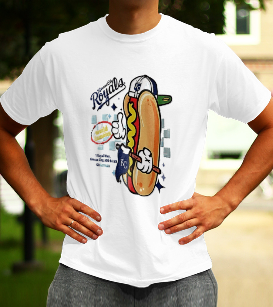 Kansas City Royals World Famous 1 Royal Way Mo 64129 Cartoon Hot Dog KC Cap T-Shirt