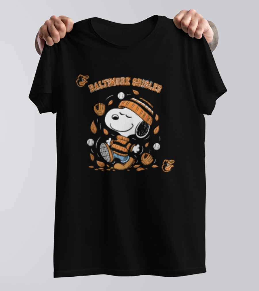 Baltimore Orioles Snoopy Beanie Mitts Falling Leaves Baseballs T-Shirt