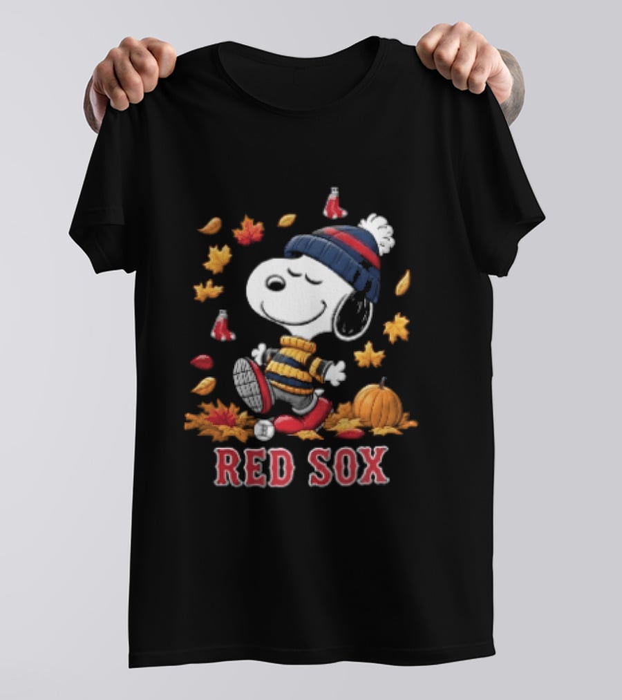 Boston Red Sox Snoopy Walking With Autumn Leaves And Pumpkin T-Shirt