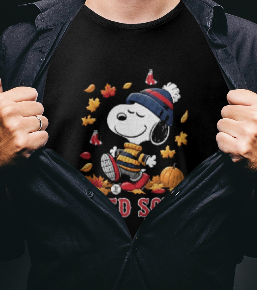 Boston Red Sox Snoopy Walking With Autumn Leaves And Pumpkin T-Shirt