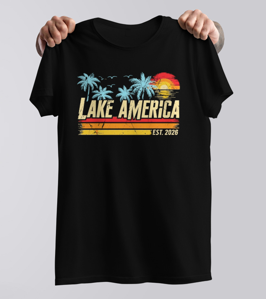 Lake America Est 2026 Tropical Vacation Sunset Palm Trees And Seagulls T-Shirt