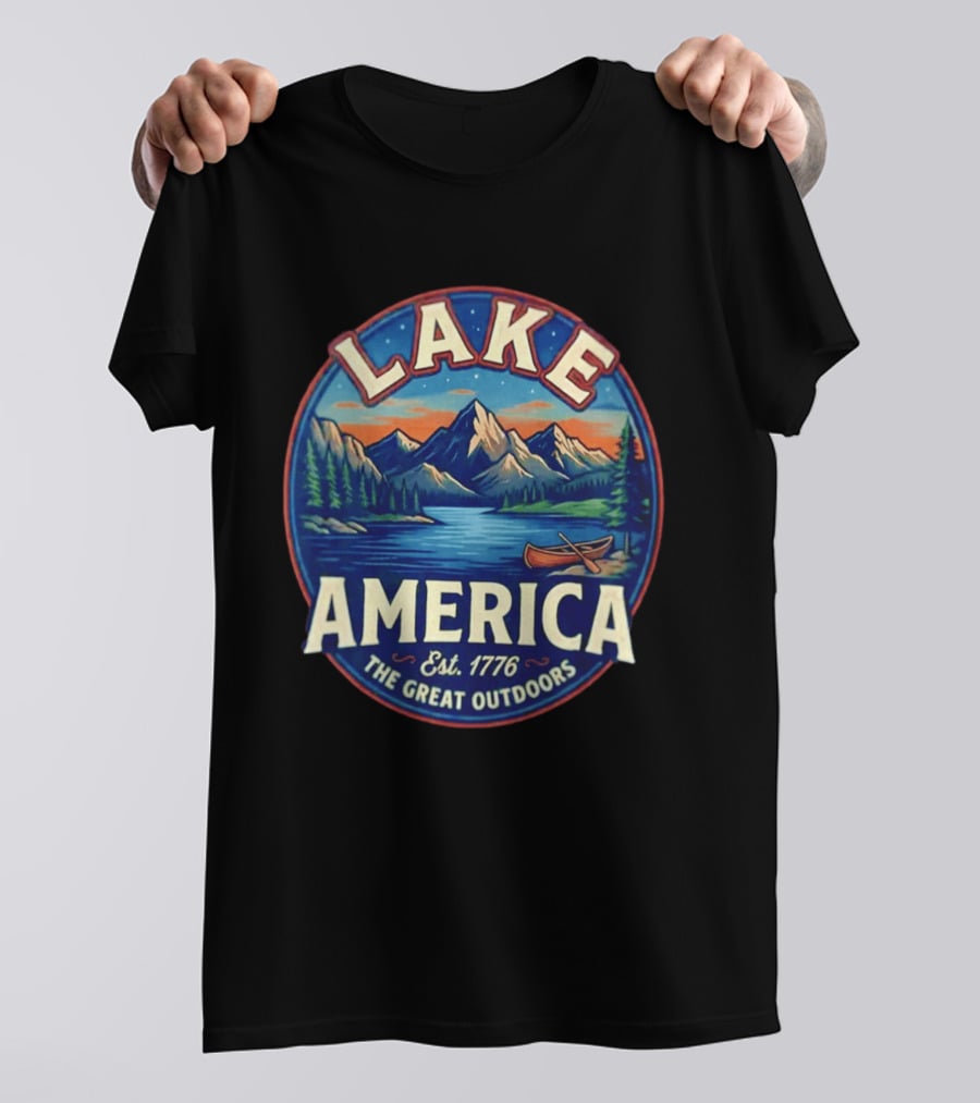 Lake America The Great Outdoors Est. 1776 Mountain Scene Canoe T-Shirt