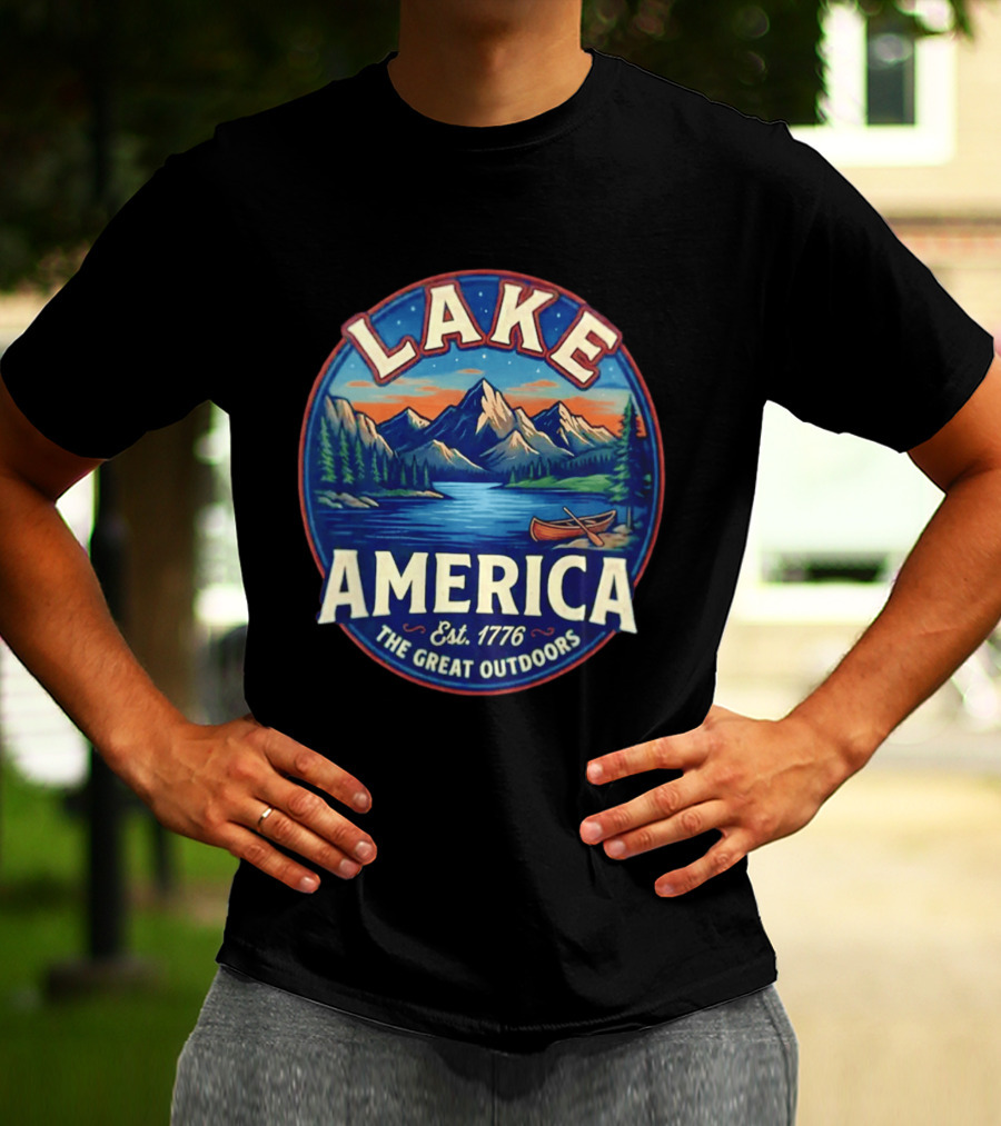 Lake America The Great Outdoors Est. 1776 Mountain Scene Canoe T-Shirt