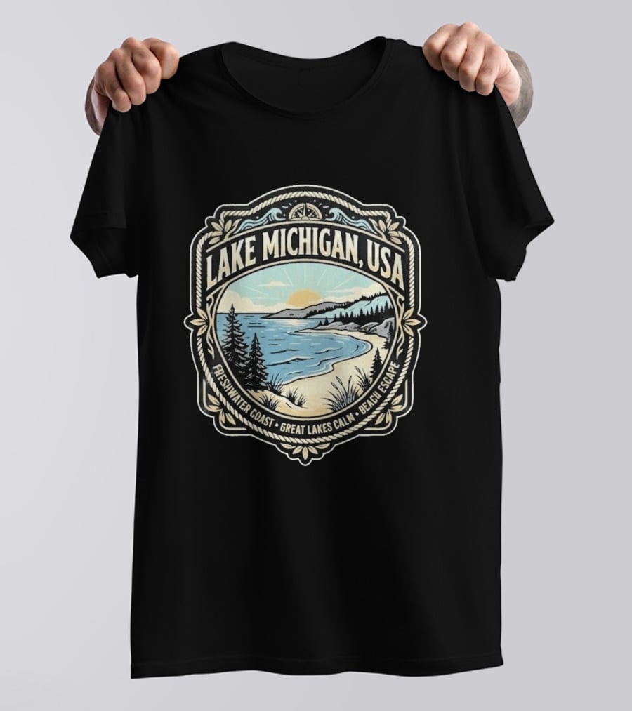 Lake Michigan USA Freshwater Coast Great Lakes Calm Beach Escape T-Shirt