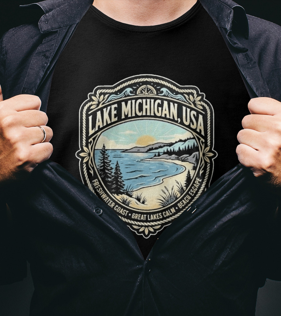 Lake Michigan USA Freshwater Coast Great Lakes Calm Beach Escape T-Shirt
