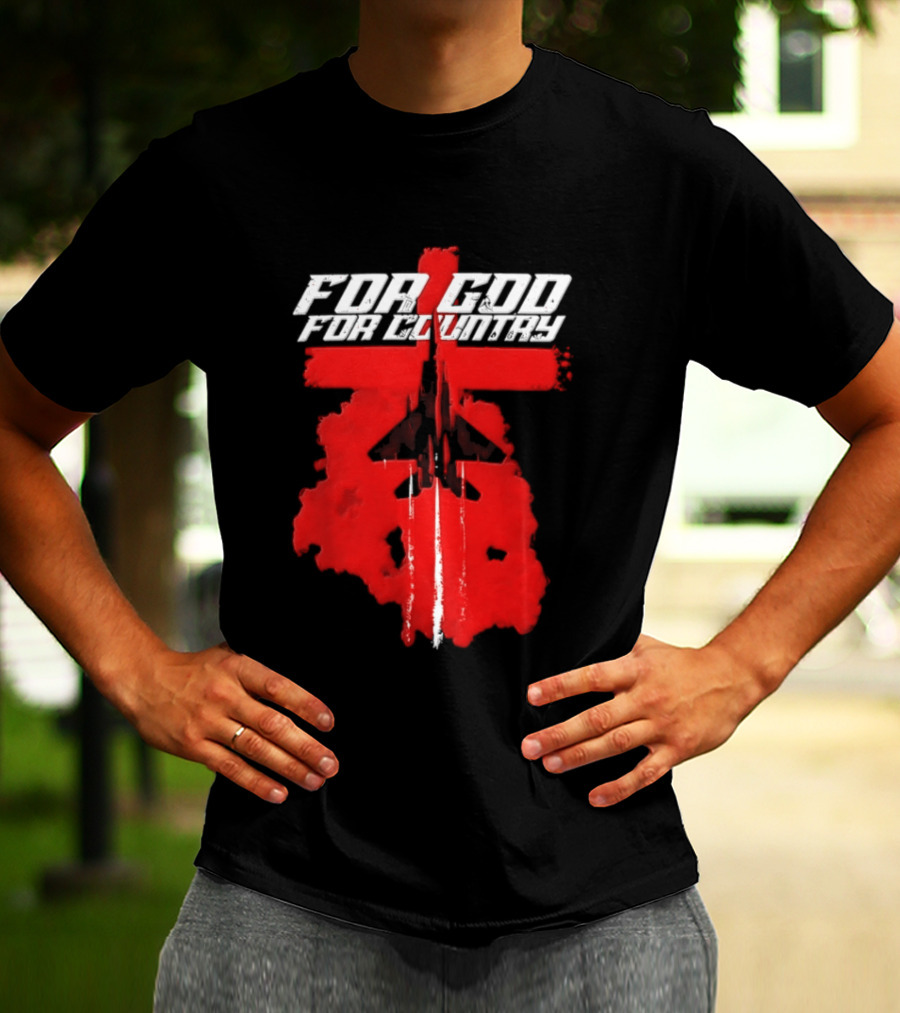 For God And For Country Red Fighter Jet Cross T-Shirt