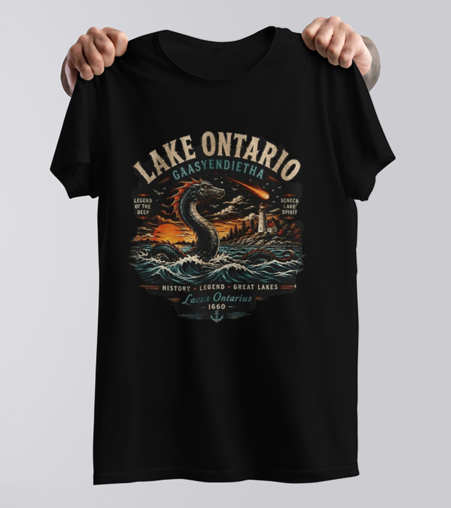 Lake Ontario Gaasyendietha Seneca Legend Of The Deep Lacus Ontarius 1660 Great Lakes History T-Shirt