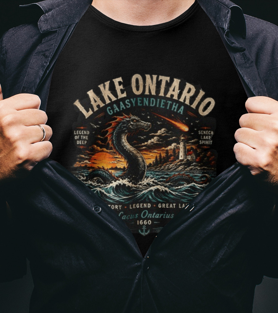 Lake Ontario Gaasyendietha Seneca Legend Of The Deep Lacus Ontarius 1660 Great Lakes History T-Shirt