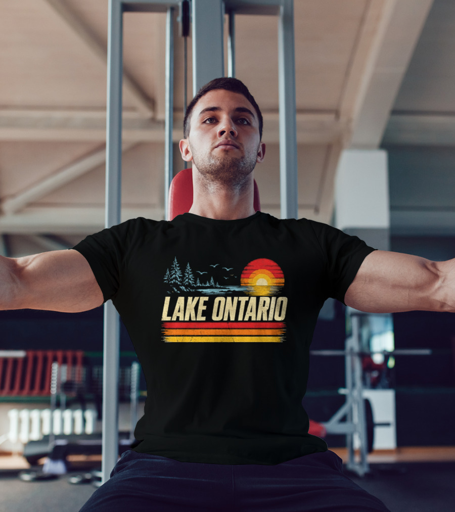 Lake Ontario Sunset Vintage Style With Pines And Birds T-Shirt