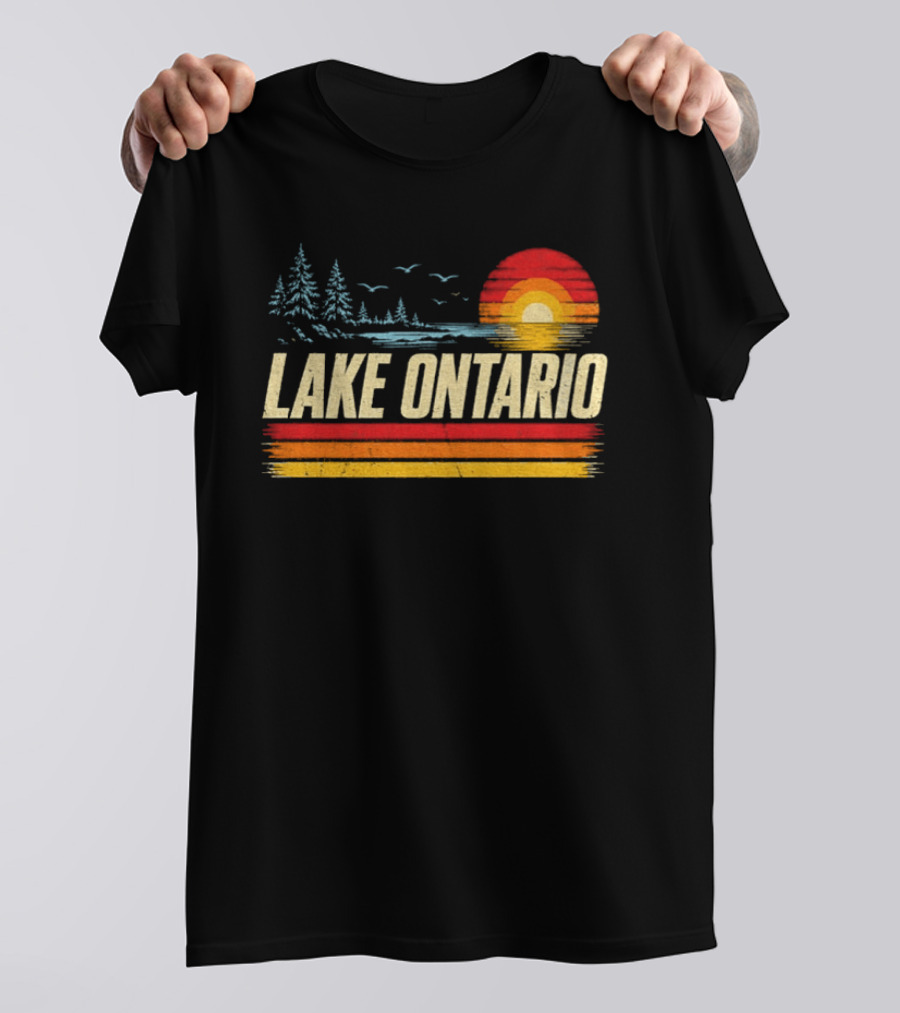 Lake Ontario Sunset Vintage Style With Pines And Birds T-Shirt