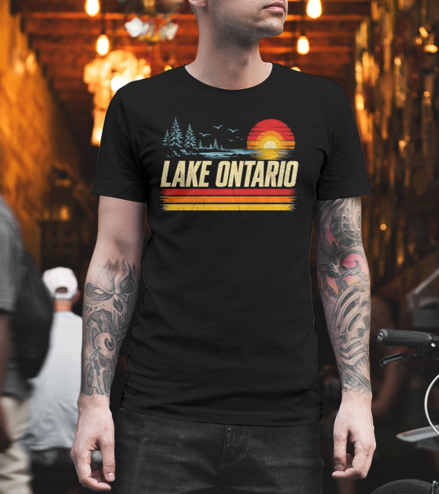 Lake Ontario Sunset Vintage Style With Pines And Birds T-Shirt