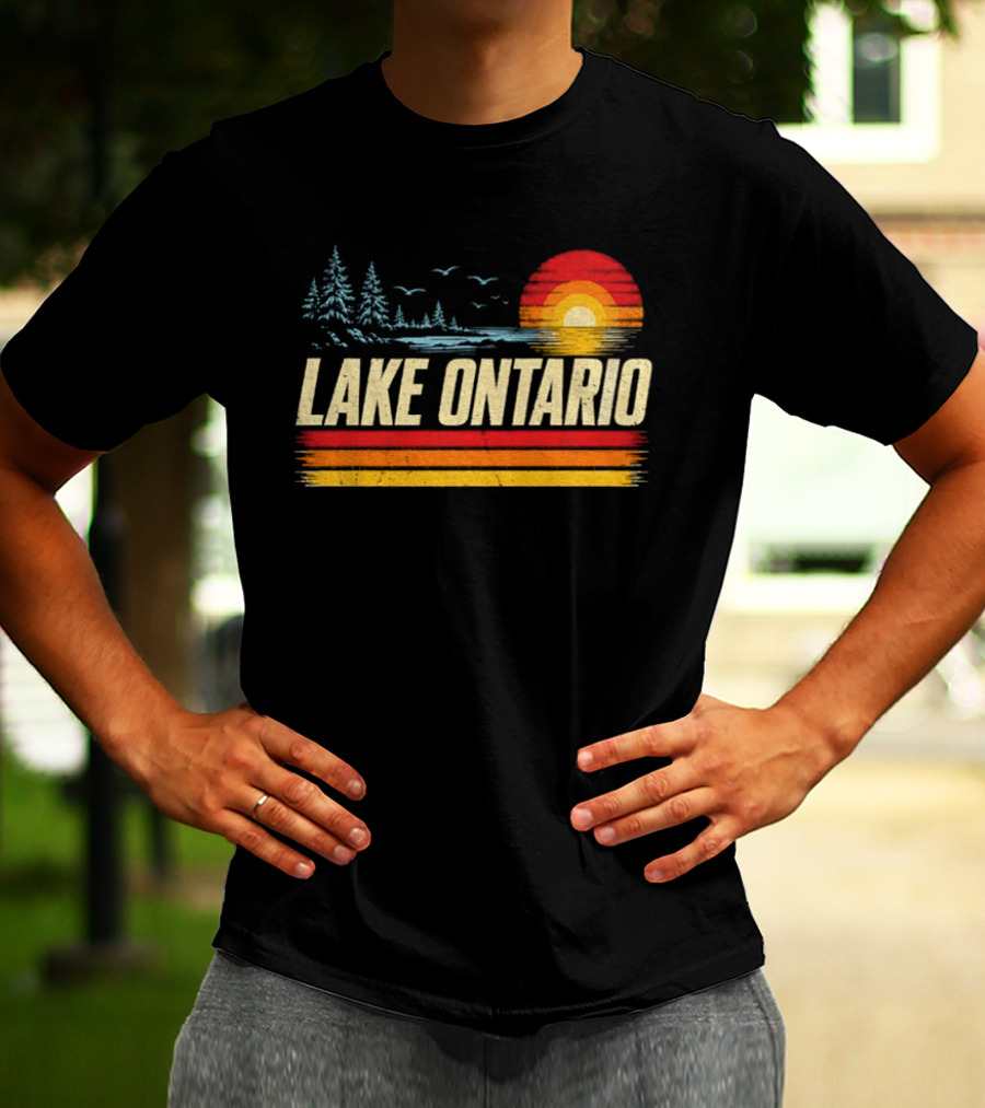 Lake Ontario Sunset Vintage Style With Pines And Birds T-Shirt