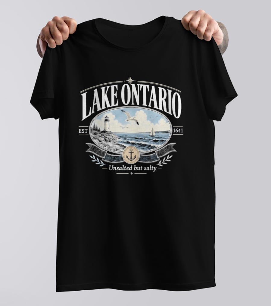 Lake Ontario Unsalted But Salty EST 1641 Seagull Lighthouse Sailboat Scene T-Shirt