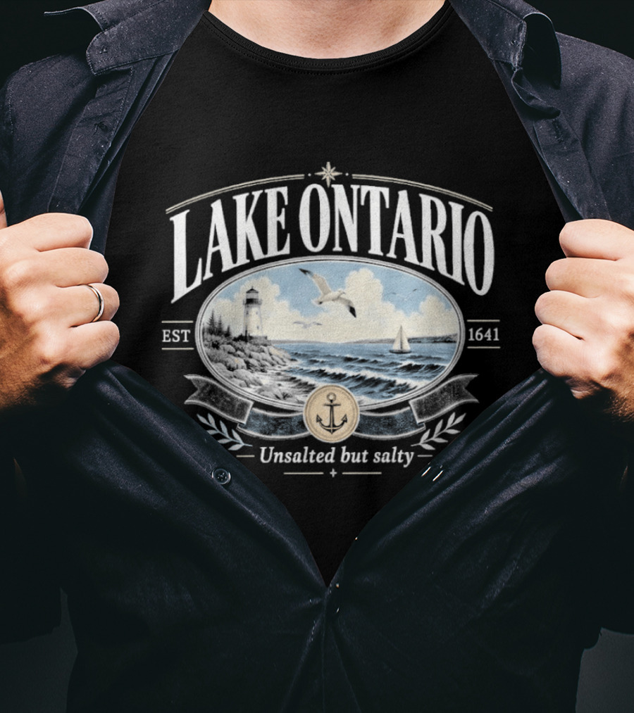 Lake Ontario Unsalted But Salty EST 1641 Seagull Lighthouse Sailboat Scene T-Shirt