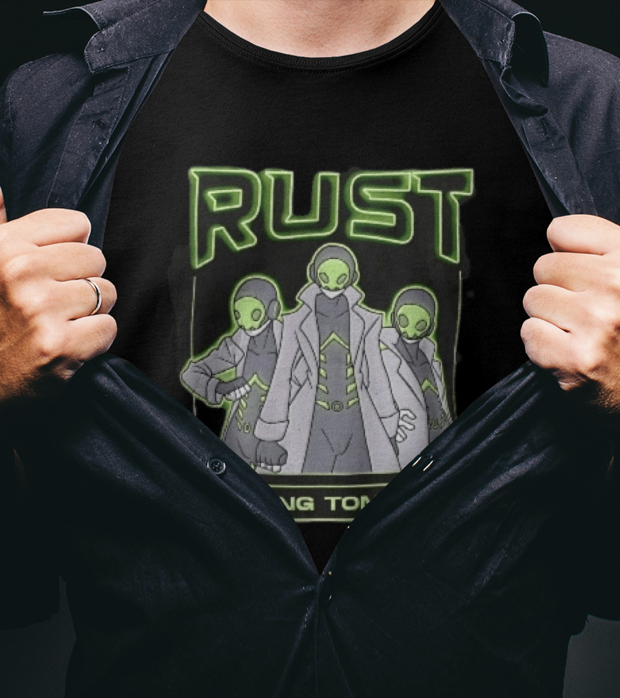 RUST The Living Tombstone Three Masked Figures Glowing Neon Trench Coats T-Shirt