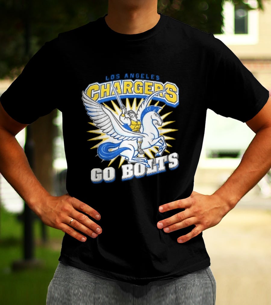 Los Angeles Chargers Go Bolts Hercules Pegasus Sword Cartoon Sunburst T-Shirt