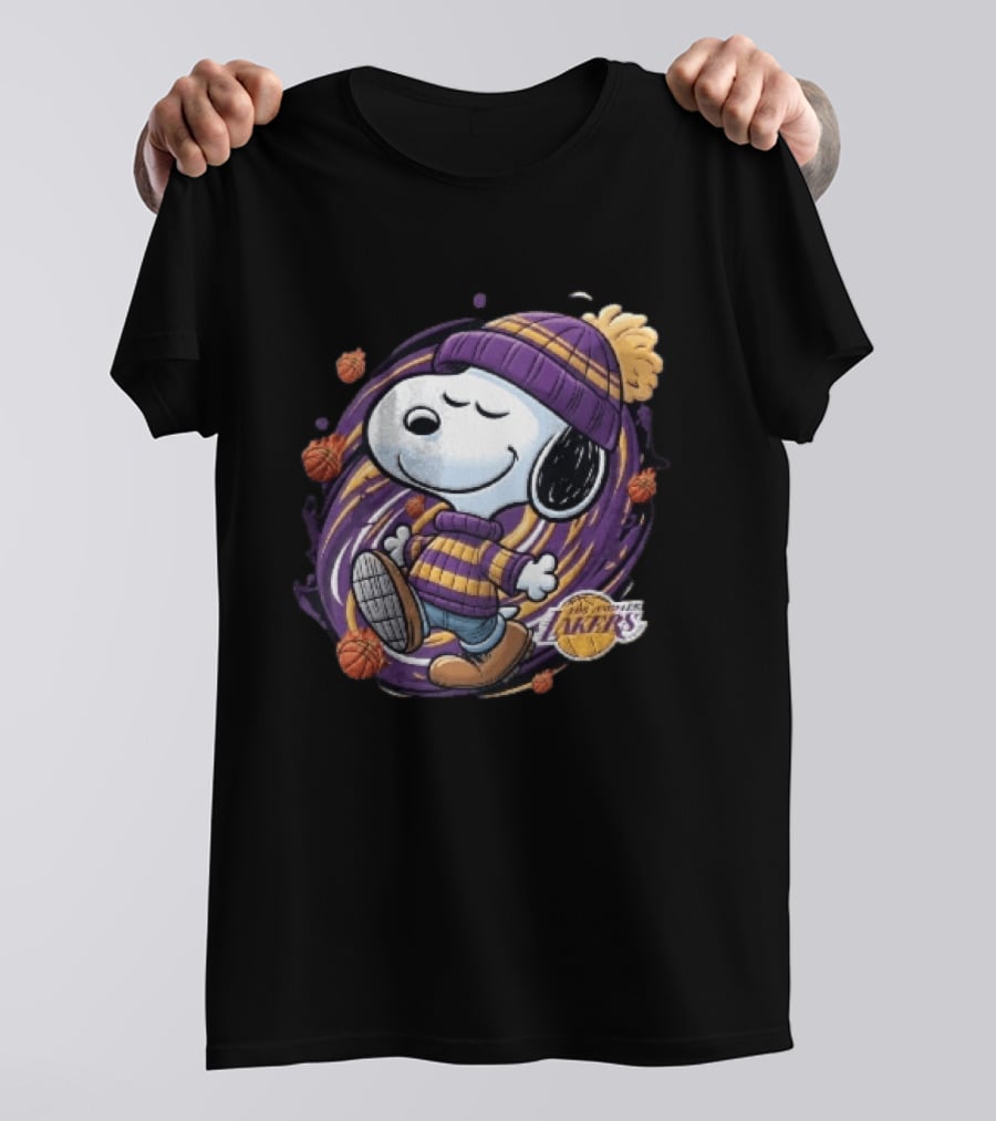 Los Angeles Lakers NBA Snoopy Cartoon Beanie Swirl Flaming Basketballs T-Shirt