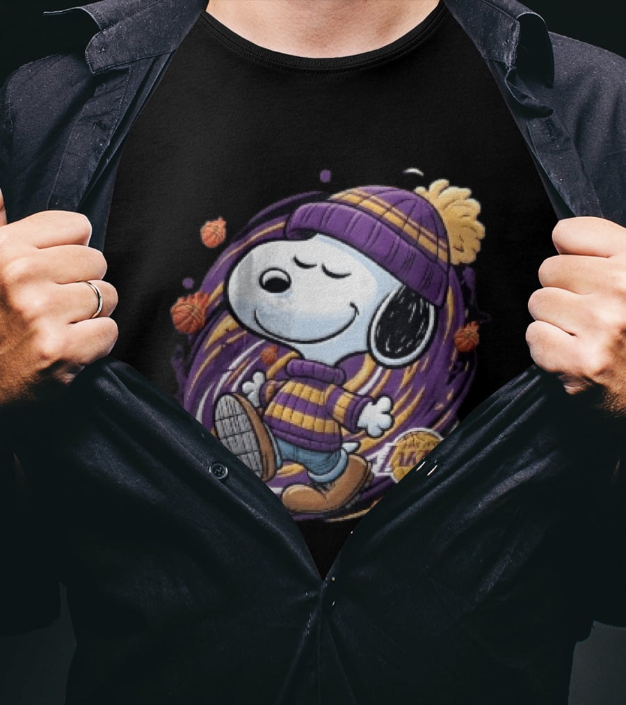 Los Angeles Lakers NBA Snoopy Cartoon Beanie Swirl Flaming Basketballs T-Shirt