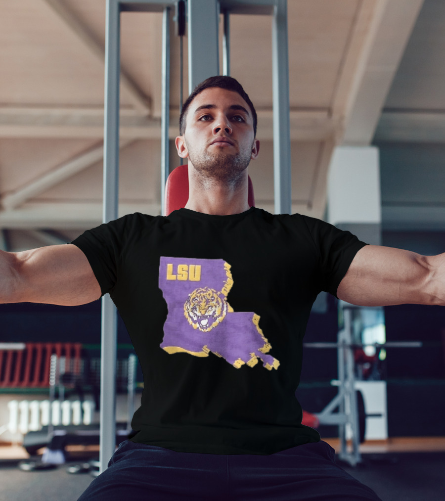 LSU Tigers NCAA Roaring Head Louisiana Map T-Shirt