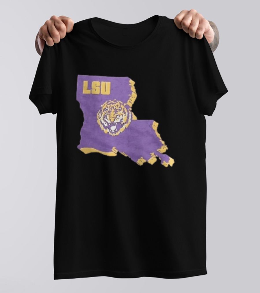 LSU Tigers NCAA Roaring Head Louisiana Map T-Shirt