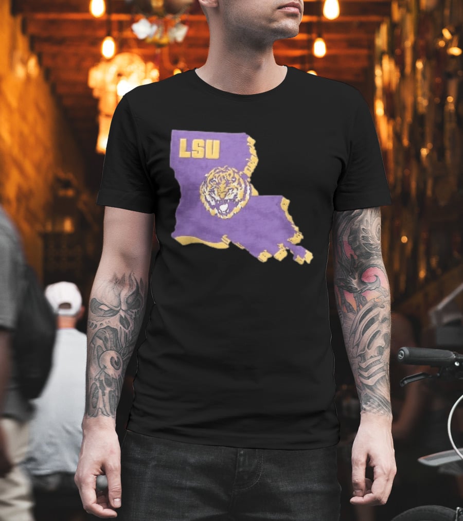 LSU Tigers NCAA Roaring Head Louisiana Map T-Shirt