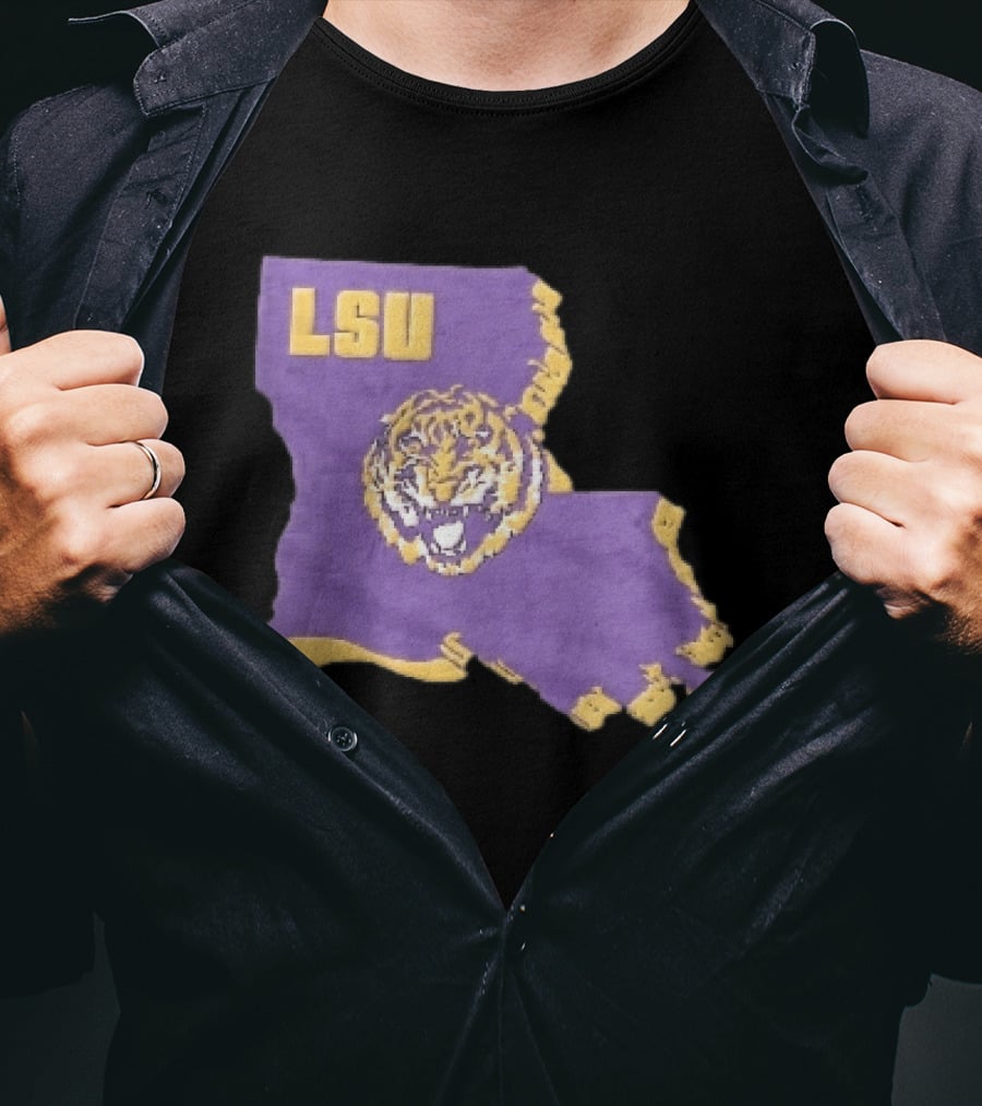 LSU Tigers NCAA Roaring Head Louisiana Map T-Shirt