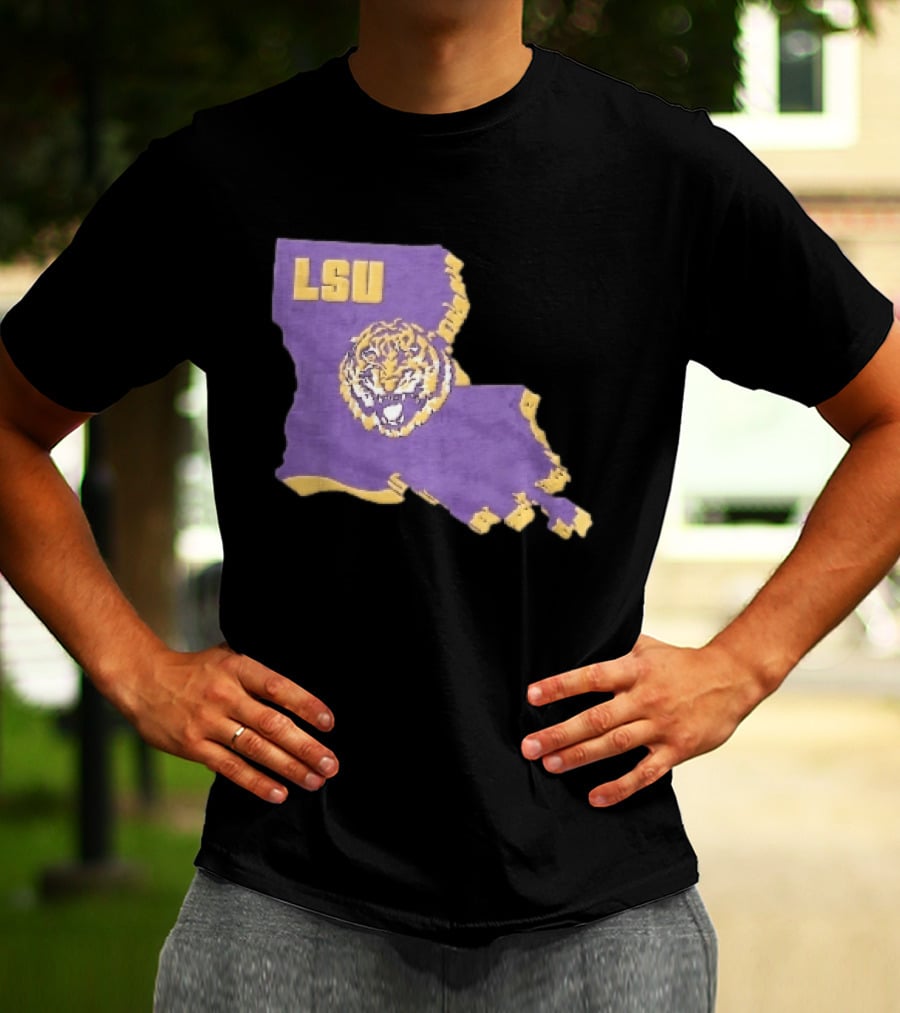 LSU Tigers NCAA Roaring Head Louisiana Map T-Shirt