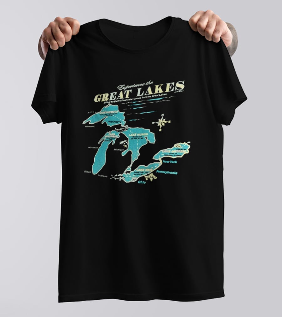 Experience The Great Lakes Map United States Geography Featuring Lake Michigan Superior Huron Erie Ontario T-Shirt