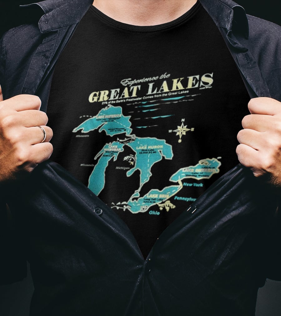 Experience The Great Lakes Map United States Geography Featuring Lake Michigan Superior Huron Erie Ontario T-Shirt