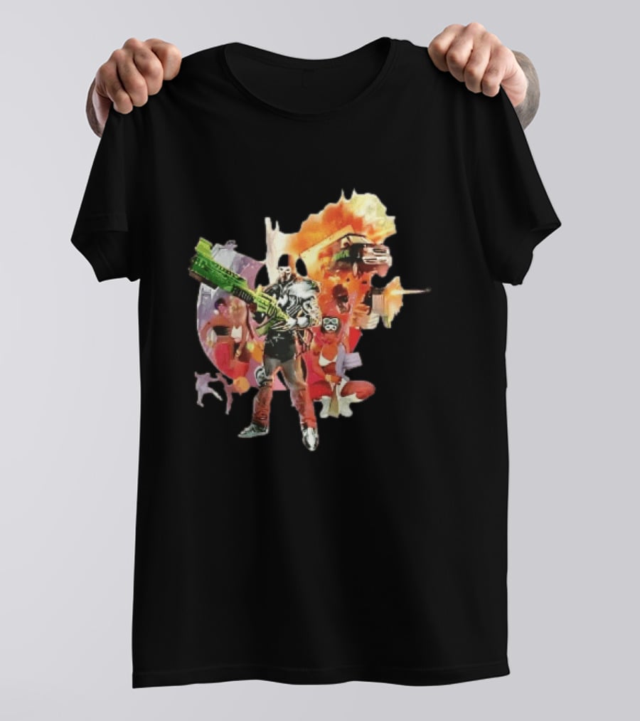 Masked Skeleton Soldier Green Rifle Fire Explosion Flying Truck Collage T-Shirt