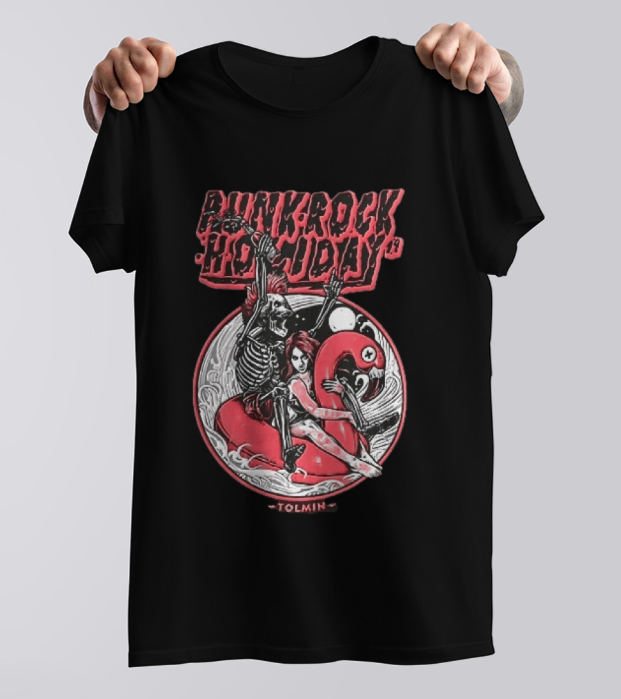 Punk Rock Holiday 19 Tolmin Mohawk Skeleton Riding Pink Flamingo Ocean Waves T-Shirt