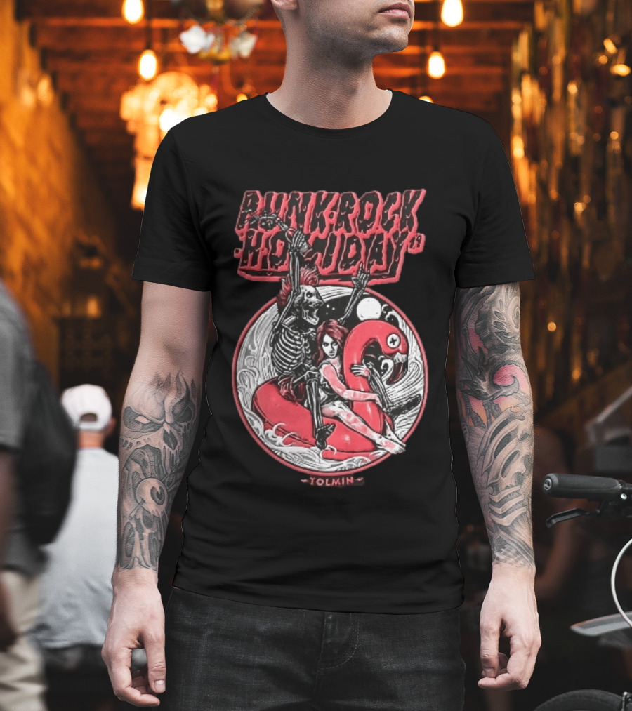 Punk Rock Holiday 19 Tolmin Mohawk Skeleton Riding Pink Flamingo Ocean Waves T-Shirt