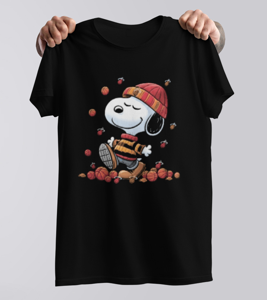 Miami Heat NBA Snoopy Walking Beanie Striped Flaming Basketballs Black T-Shirt