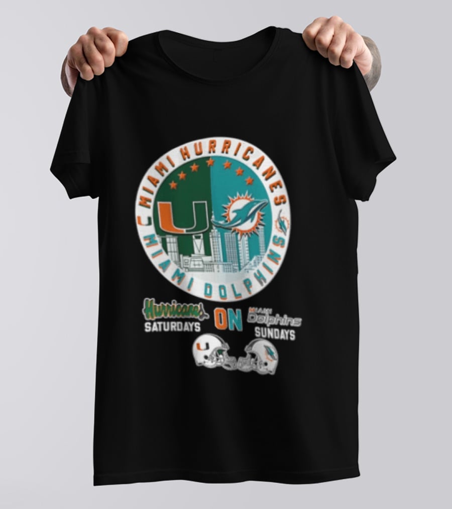 Miami Hurricanes Dolphins City Skyline Saturdays Sundays Two Helmets T-Shirt
