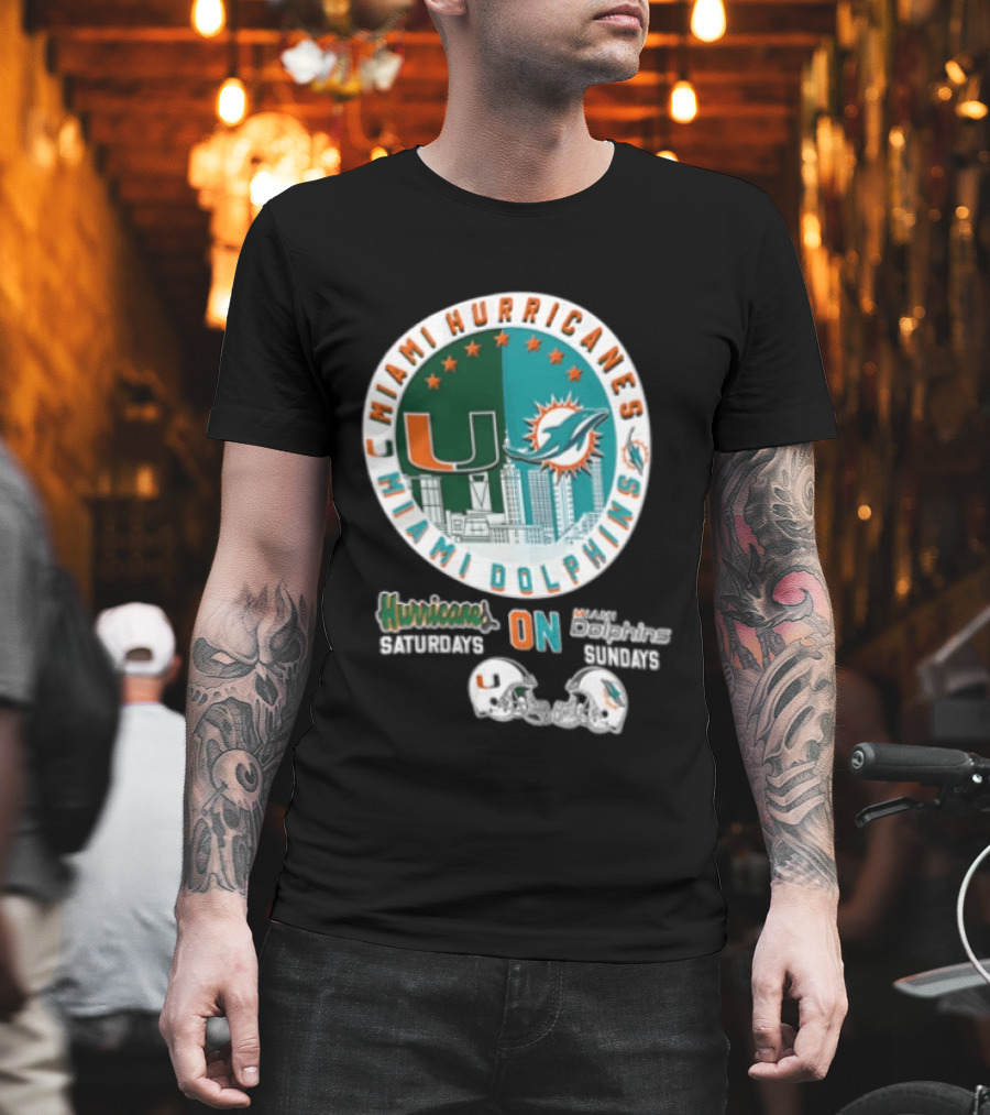 Miami Hurricanes Dolphins City Skyline Saturdays Sundays Two Helmets T-Shirt