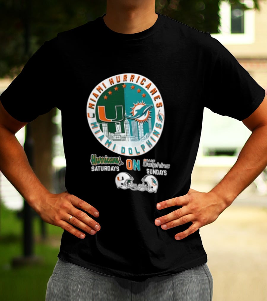Miami Hurricanes Dolphins City Skyline Saturdays Sundays Two Helmets T-Shirt