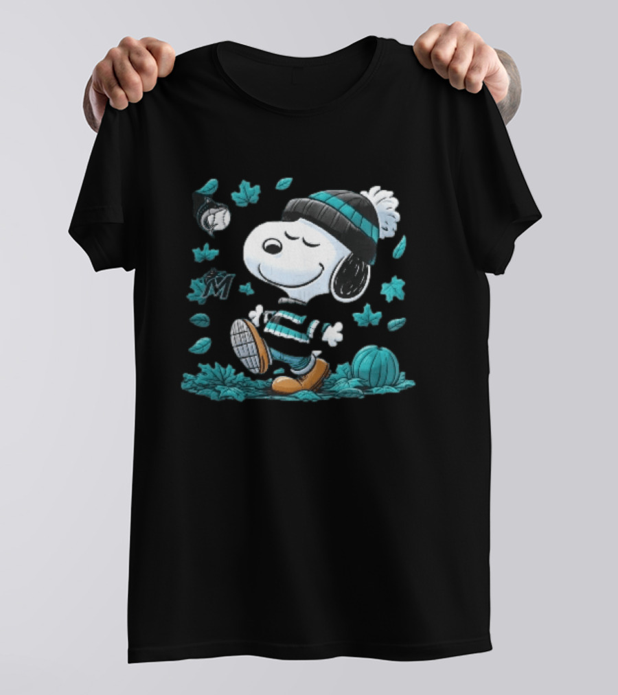 Miami Marlins Snoopy Walking Winter Beanie Autumn Leaves Pumpkin MLB Cartoon T-Shirt