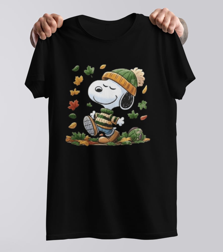 Milwaukee Bucks Snoopy In Beanie Walking Through Autumn Leaves Cartoon T-Shirt