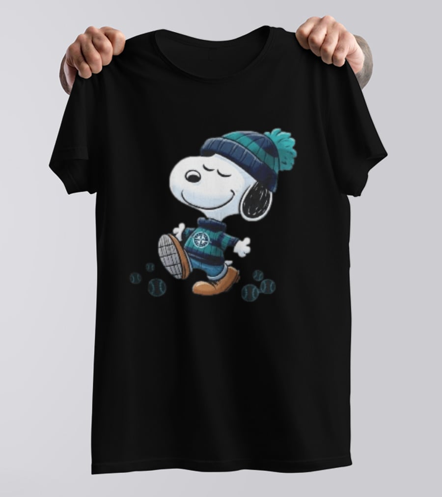 Seattle Mariners Snoopy Walking Beanie And Baseballs MLB Cartoon T-Shirt