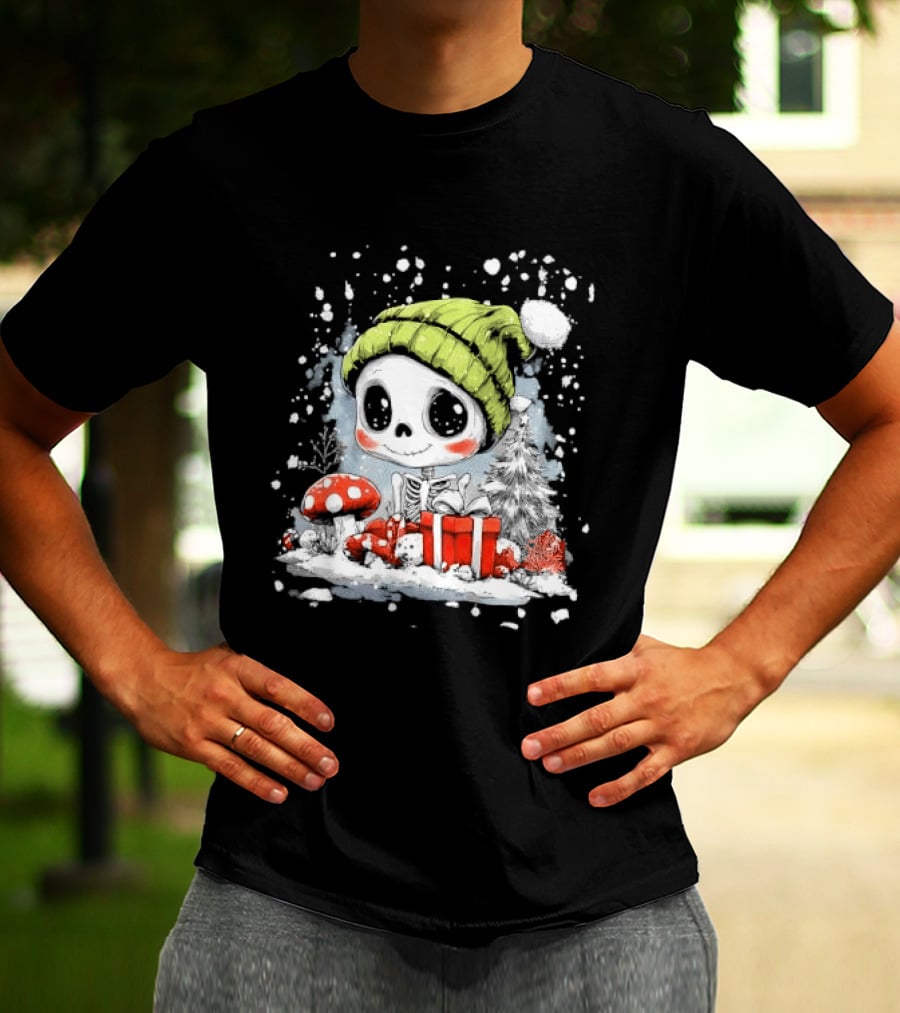 Skeleton In Green Beanie Hat With Mushroom And Christmas Present T-Shirt