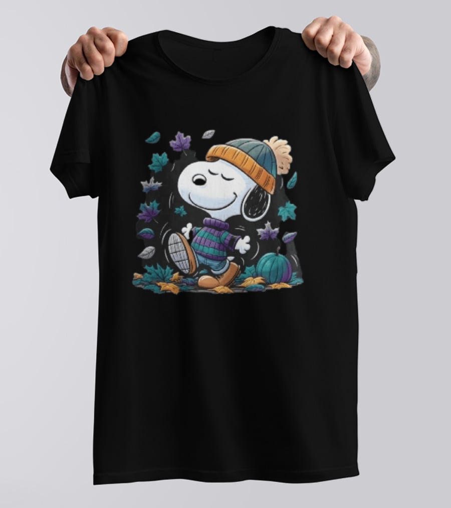 Snoopy Autumn Walk Striped Beanie Pumpkin And Falling Leaves T-Shirt