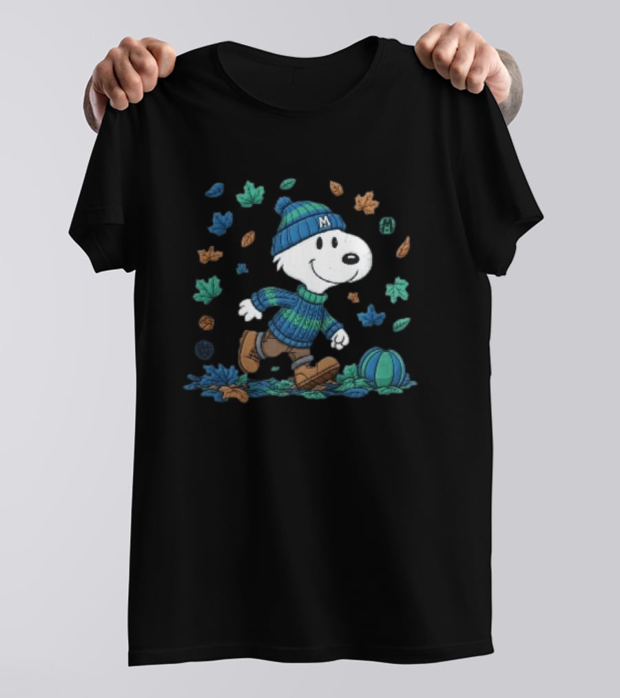 Snoopy Walking Autumn Leaves Blue Green Beanie Pumpkin T-Shirt