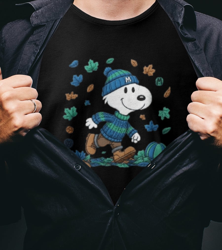 Snoopy Walking Autumn Leaves Blue Green Beanie Pumpkin T-Shirt