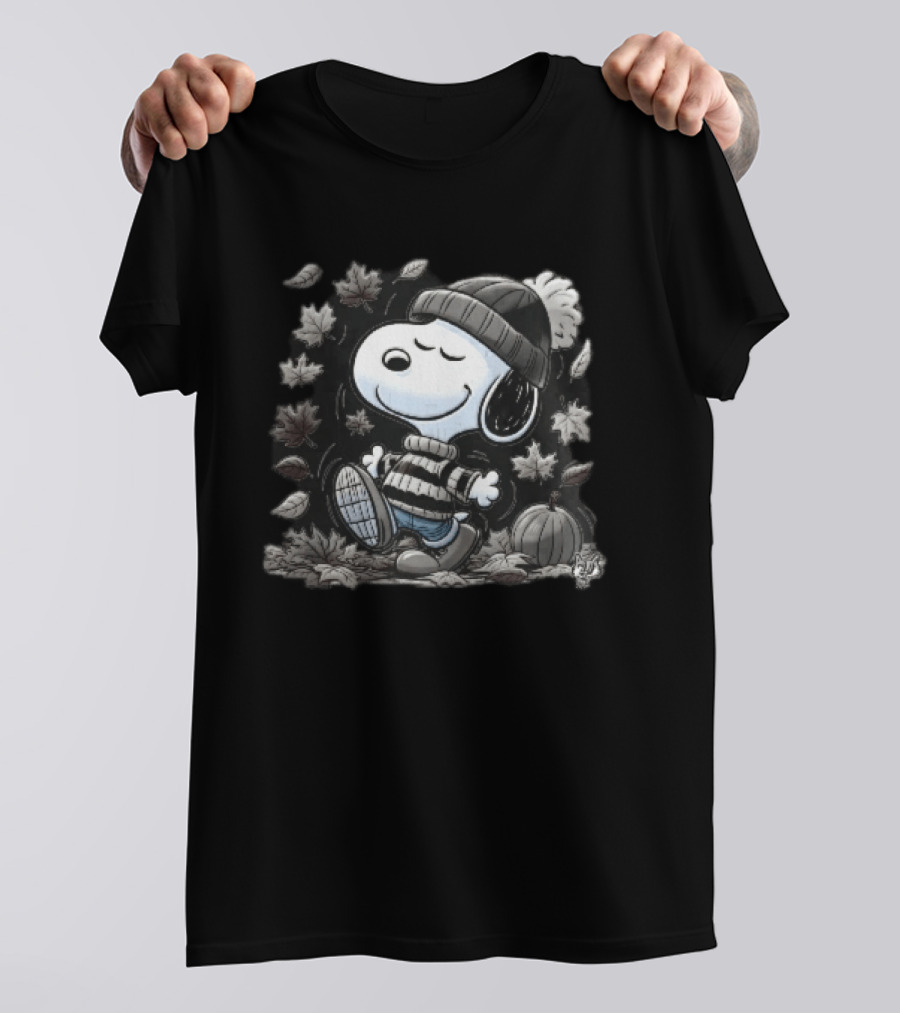 Snoopy Walking Beanie Striped Sweater Autumn Leaves Pumpkin Cartoon T-Shirt